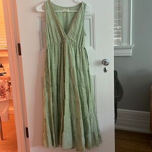 green and white striped midi dress